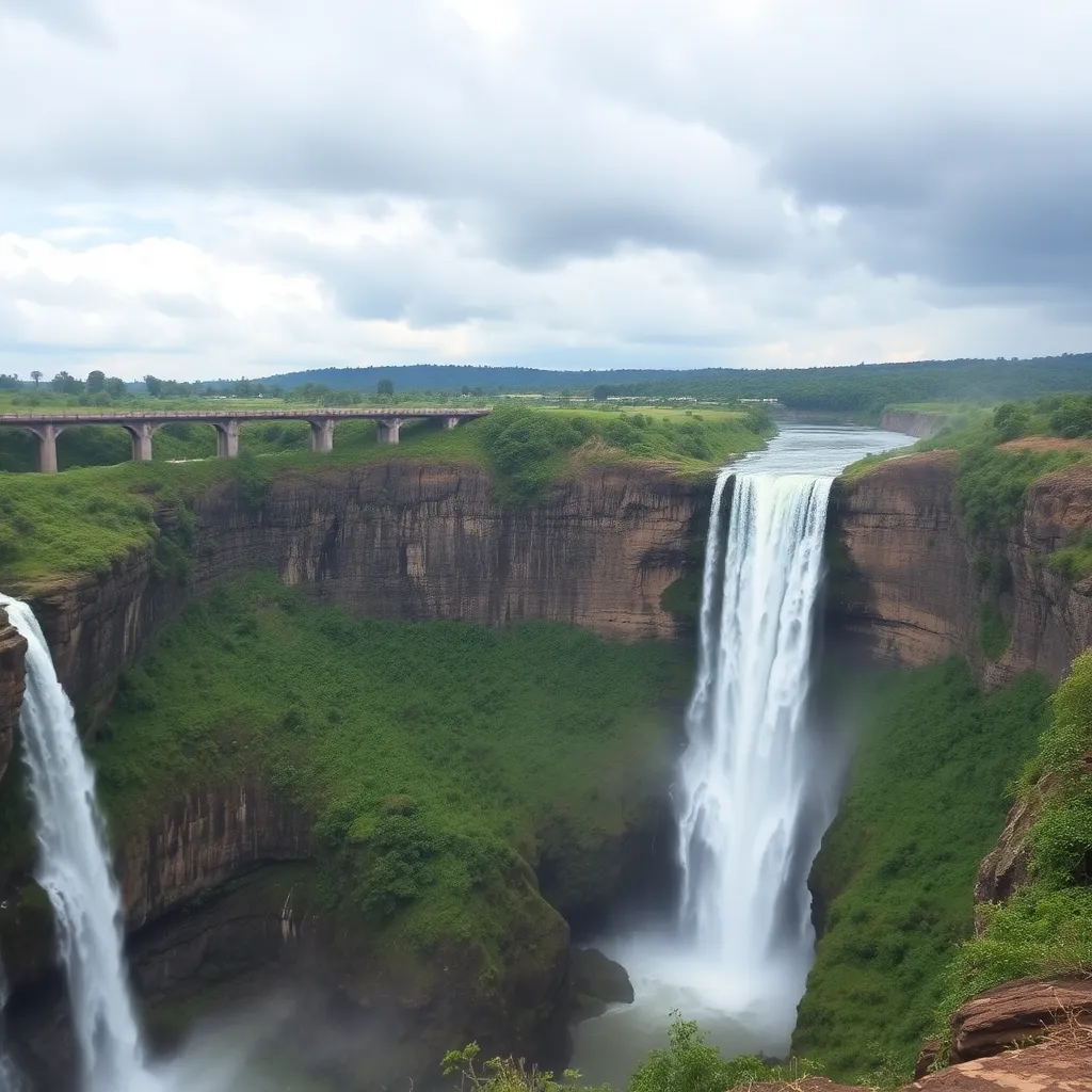 Zimbabwe waterfall with bridge and green cliffs under cloudy sky